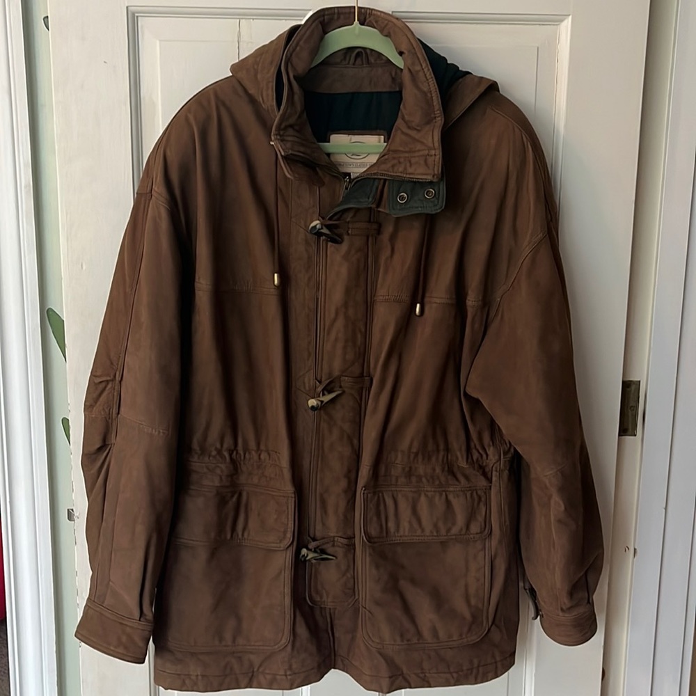 Georgetown Leather Designs Midlength Brown Leather Coat Jacket Size M Hood